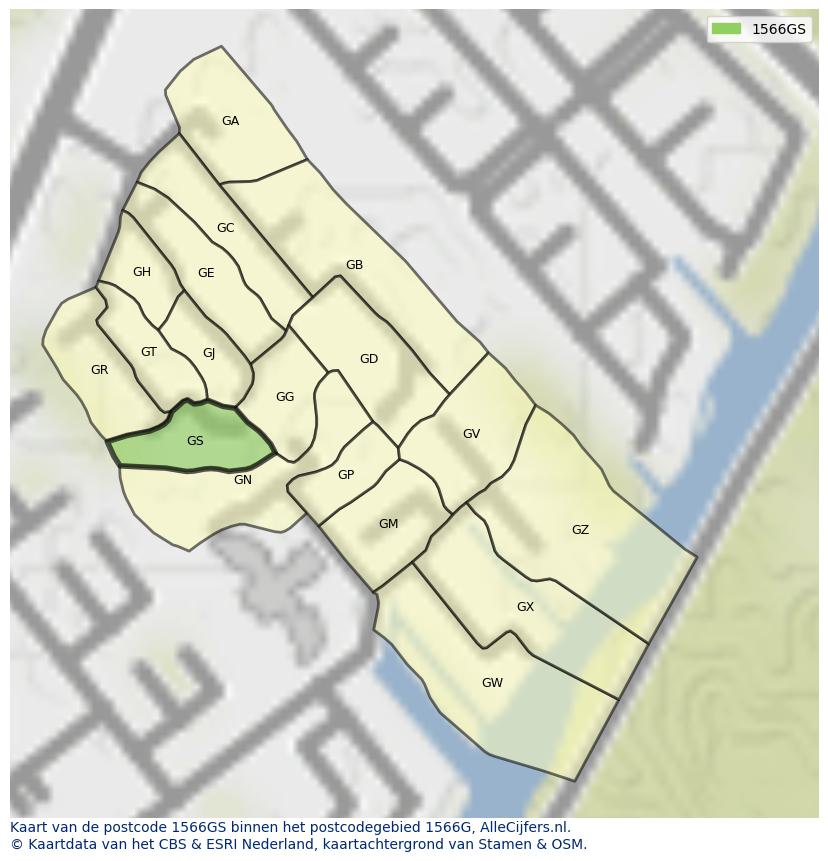 Afbeelding van het postcodegebied 1566 GS op de kaart.