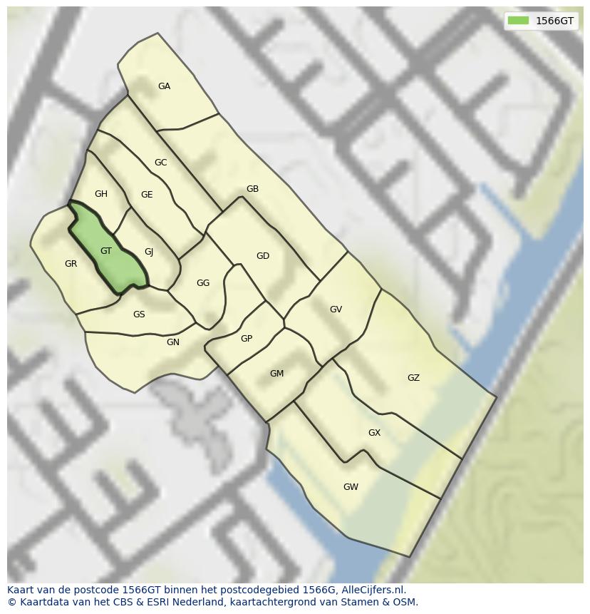 Afbeelding van het postcodegebied 1566 GT op de kaart.