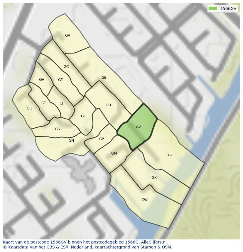 Afbeelding van het postcodegebied 1566 GV op de kaart.