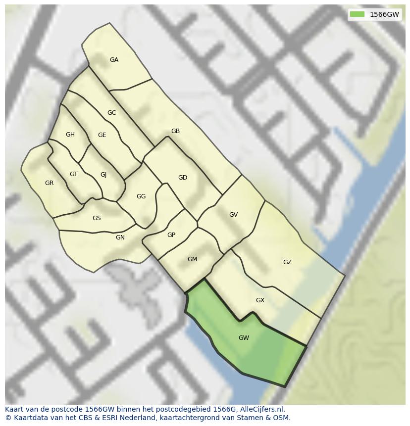 Afbeelding van het postcodegebied 1566 GW op de kaart.