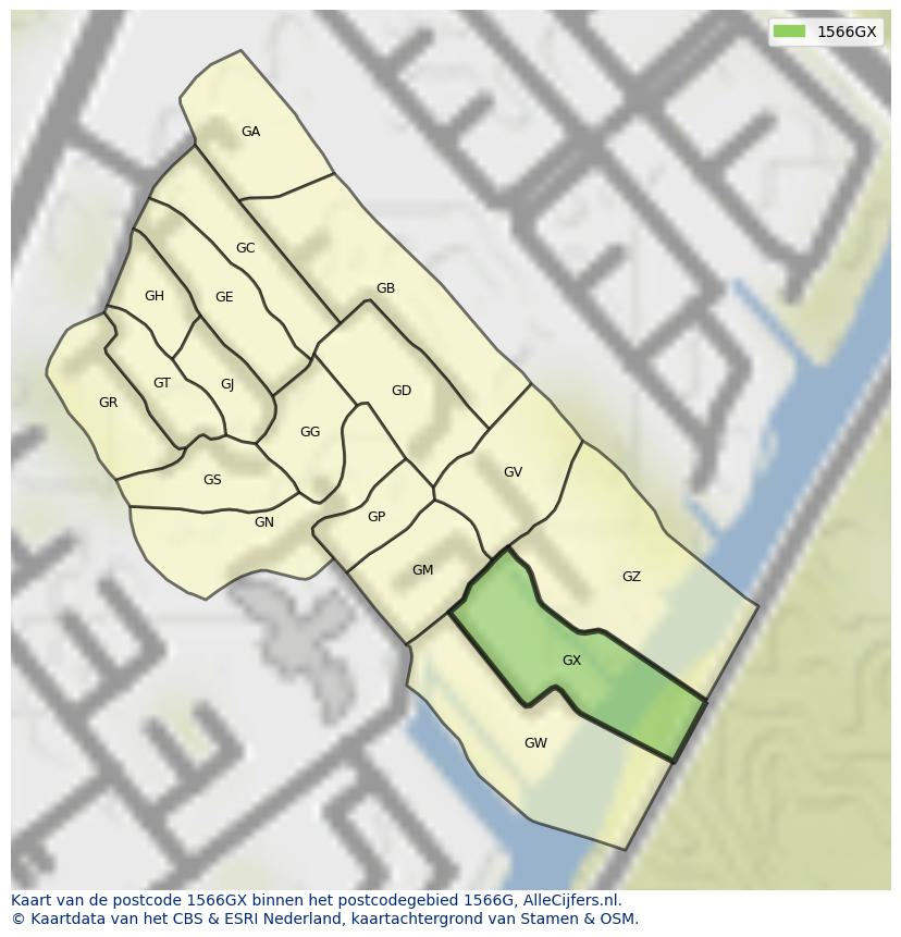 Afbeelding van het postcodegebied 1566 GX op de kaart.