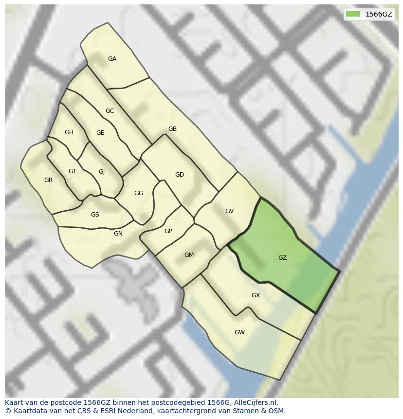 Afbeelding van het postcodegebied 1566 GZ op de kaart.