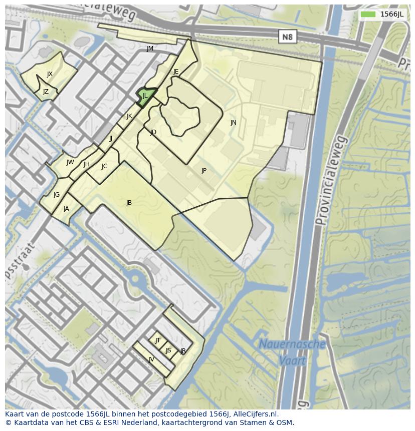 Afbeelding van het postcodegebied 1566 JL op de kaart.