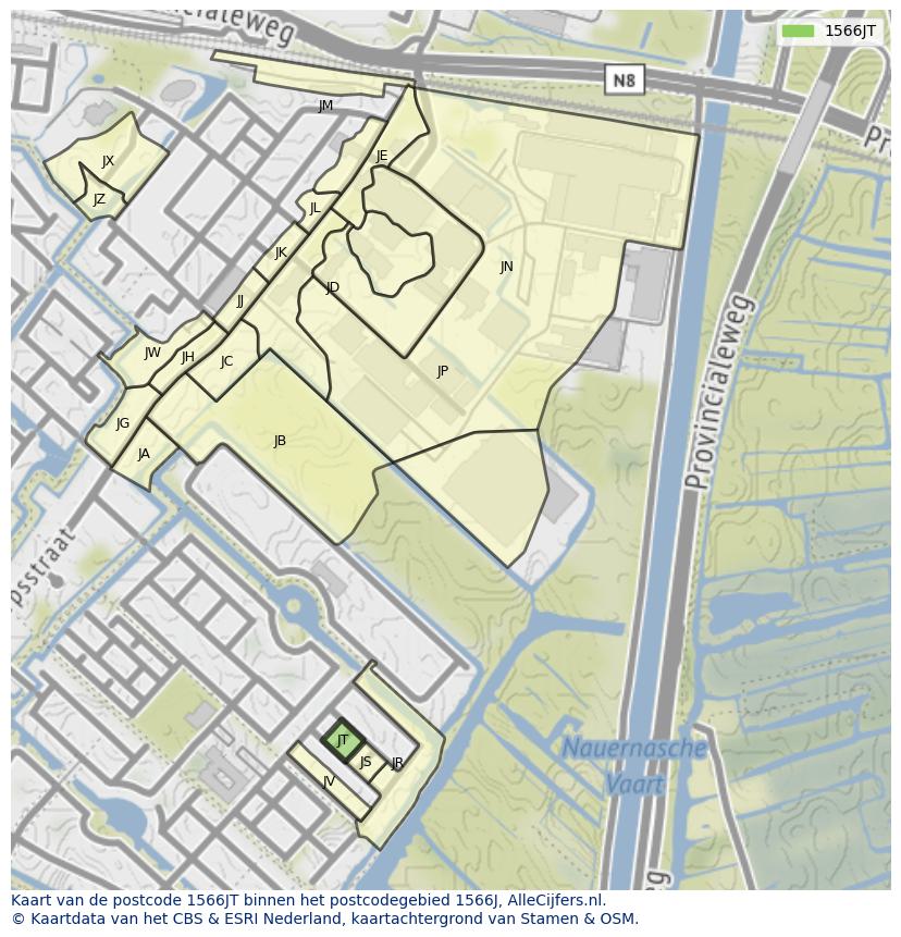 Afbeelding van het postcodegebied 1566 JT op de kaart.