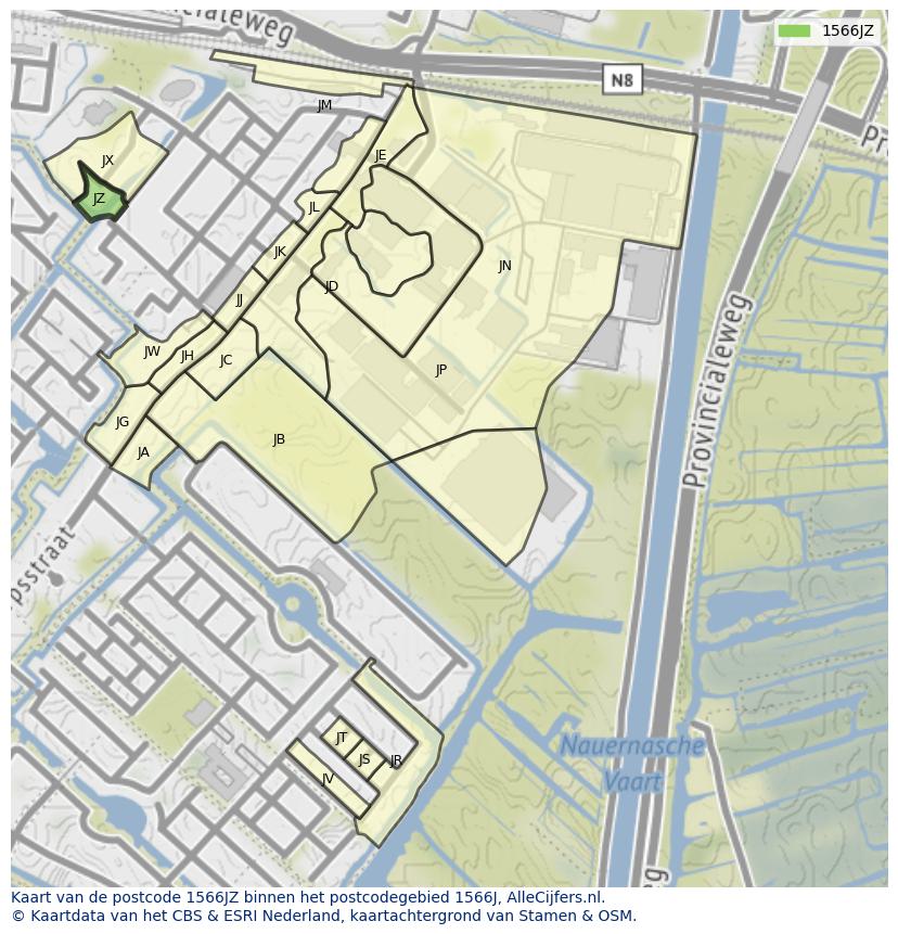 Afbeelding van het postcodegebied 1566 JZ op de kaart.