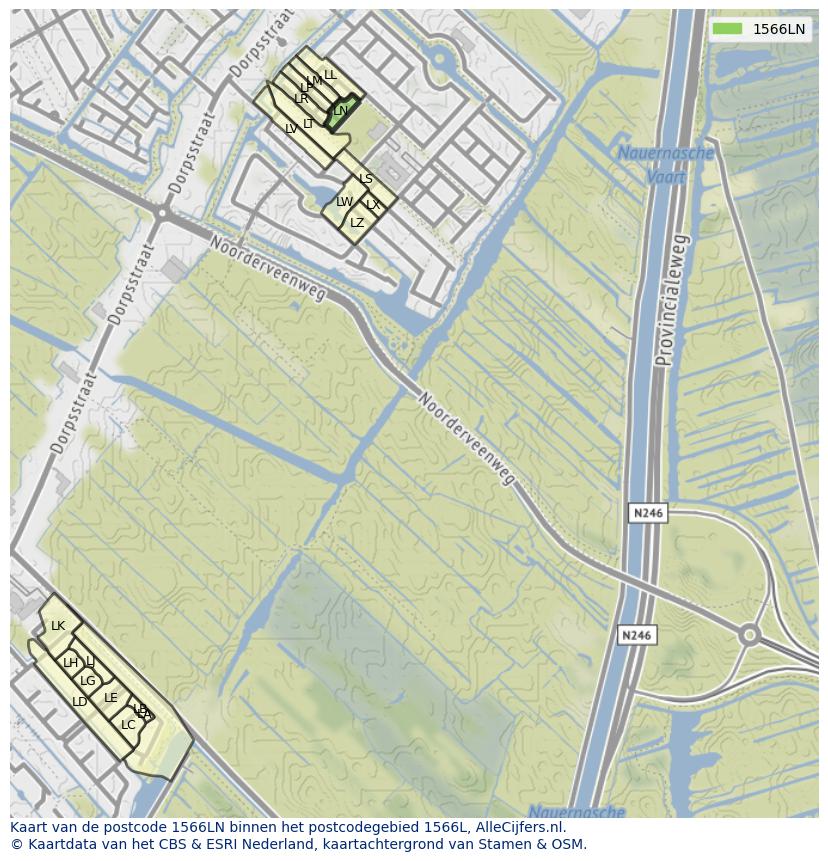 Afbeelding van het postcodegebied 1566 LN op de kaart.
