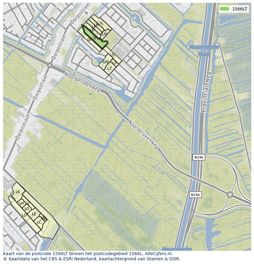 Afbeelding van het postcodegebied 1566 LT op de kaart.