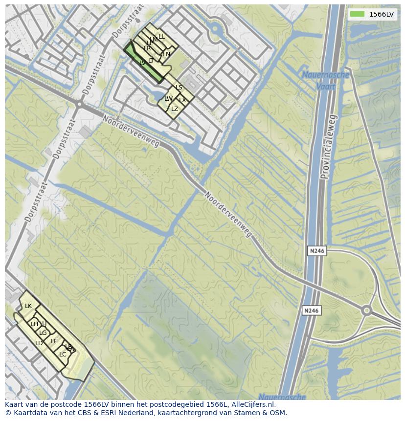 Afbeelding van het postcodegebied 1566 LV op de kaart.