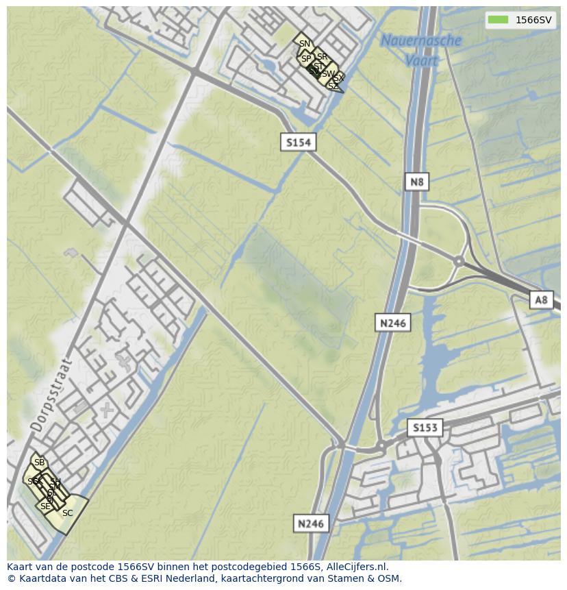 Afbeelding van het postcodegebied 1566 SV op de kaart.