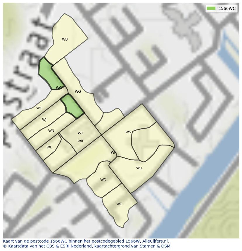 Afbeelding van het postcodegebied 1566 WC op de kaart.