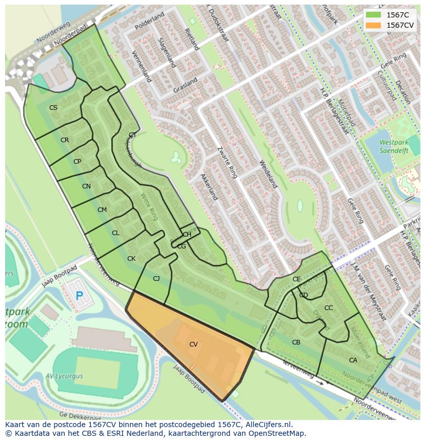 Afbeelding van het postcodegebied 1567 CV op de kaart.