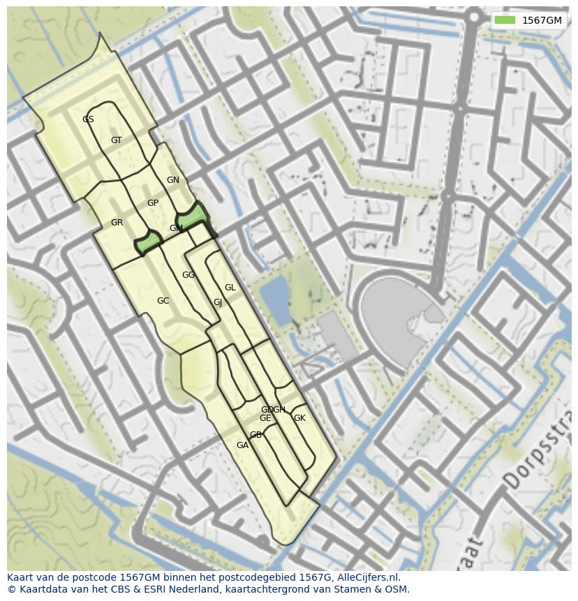 Afbeelding van het postcodegebied 1567 GM op de kaart.