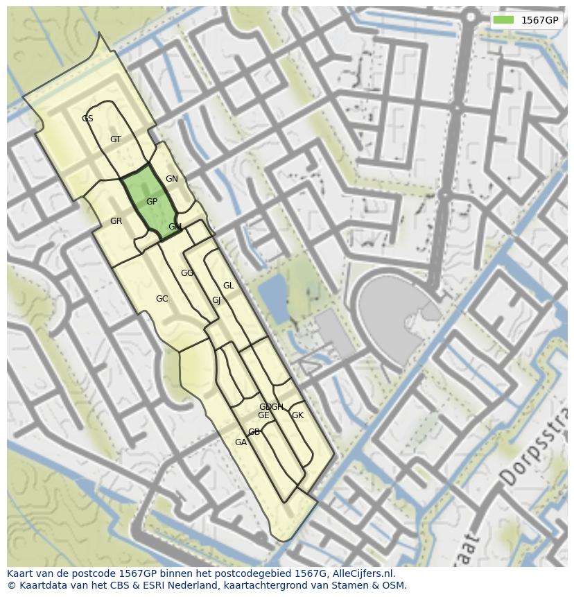 Afbeelding van het postcodegebied 1567 GP op de kaart.