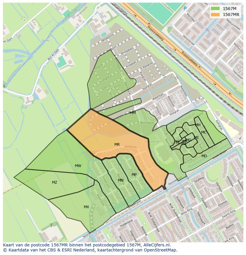 Afbeelding van het postcodegebied 1567 MR op de kaart.