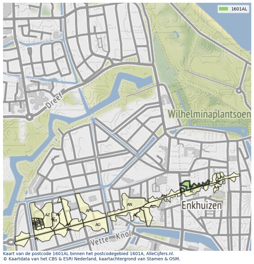 Afbeelding van het postcodegebied 1601 AL op de kaart.