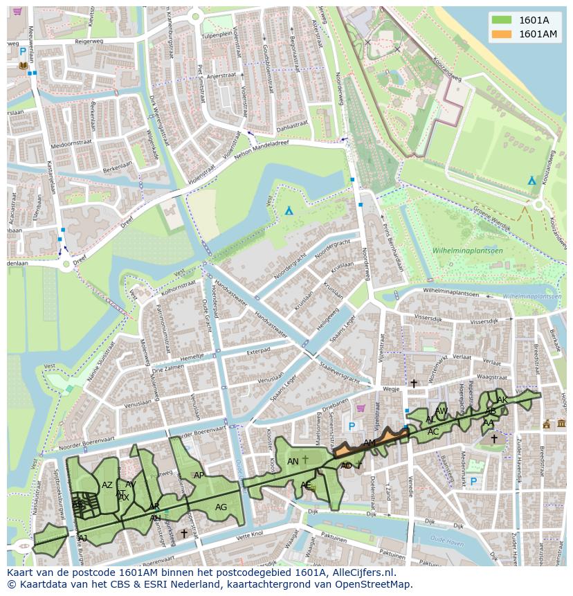 Afbeelding van het postcodegebied 1601 AM op de kaart.