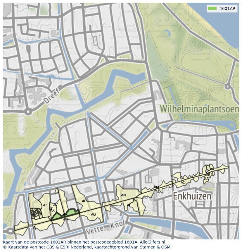 Afbeelding van het postcodegebied 1601 AR op de kaart.