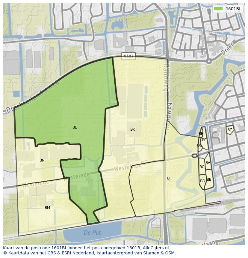 Afbeelding van het postcodegebied 1601 BL op de kaart.