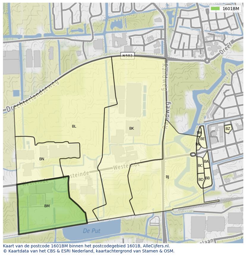 Afbeelding van het postcodegebied 1601 BM op de kaart.