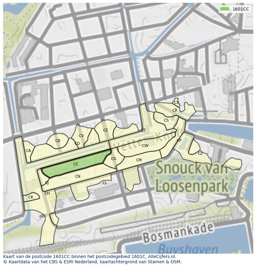 Afbeelding van het postcodegebied 1601 CC op de kaart.