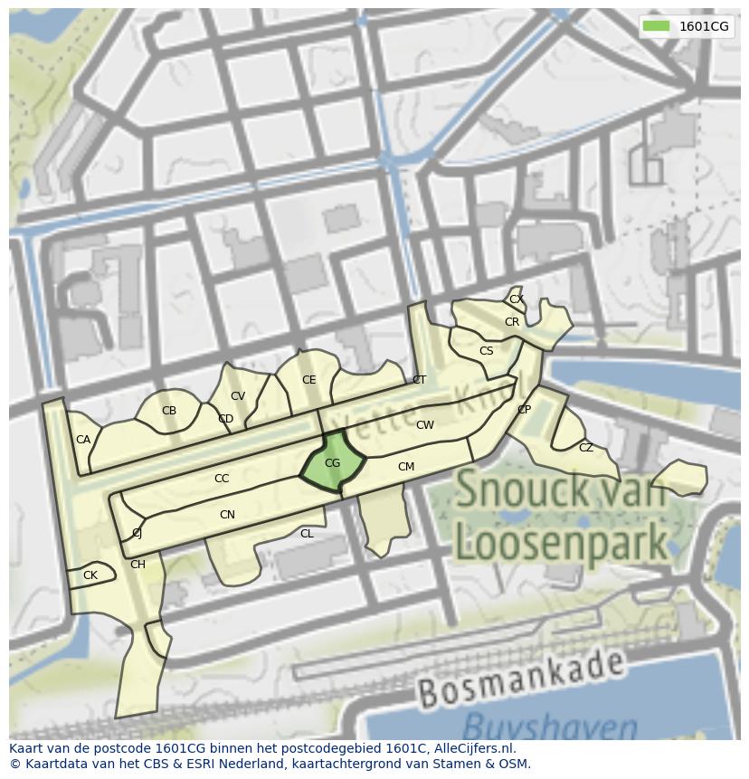 Afbeelding van het postcodegebied 1601 CG op de kaart.