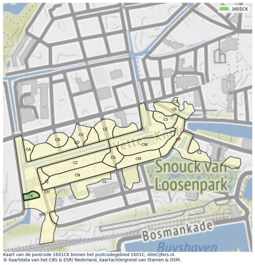 Afbeelding van het postcodegebied 1601 CK op de kaart.