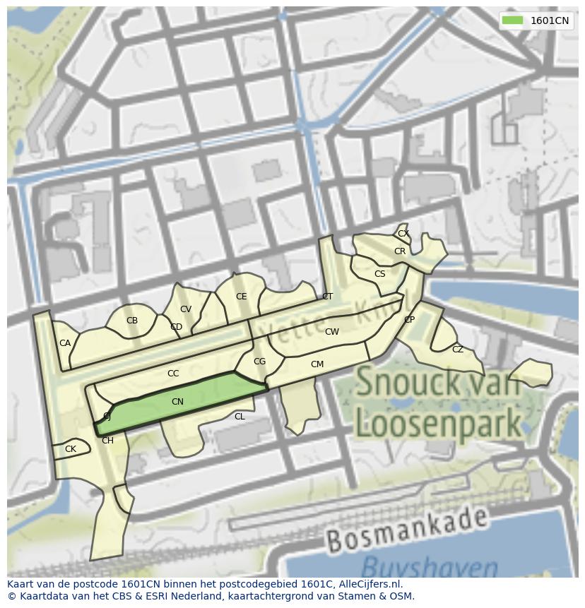 Afbeelding van het postcodegebied 1601 CN op de kaart.