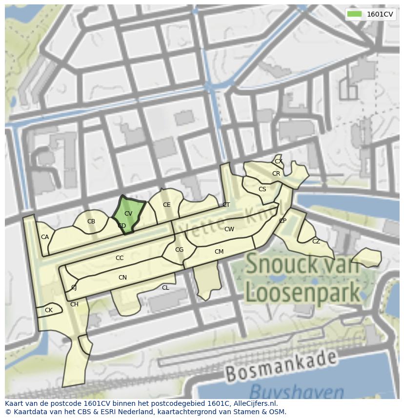 Afbeelding van het postcodegebied 1601 CV op de kaart.
