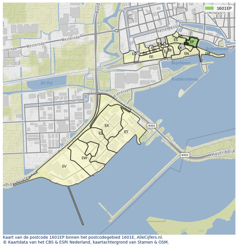 Afbeelding van het postcodegebied 1601 EP op de kaart.