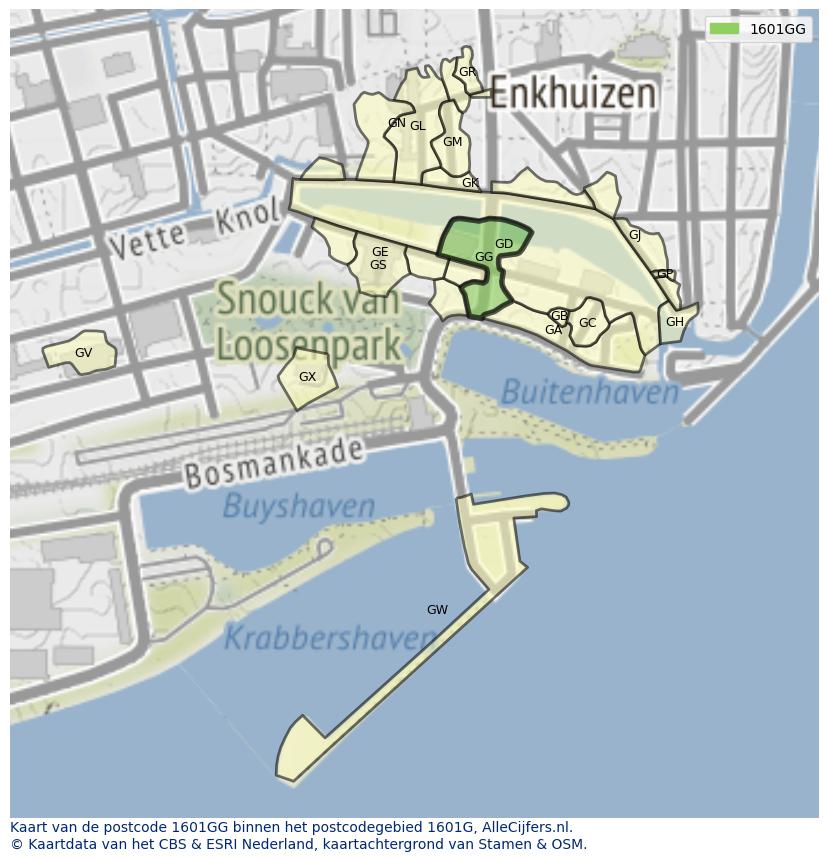 Afbeelding van het postcodegebied 1601 GG op de kaart.
