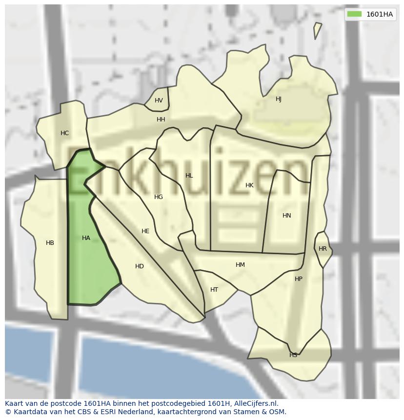 Afbeelding van het postcodegebied 1601 HA op de kaart.