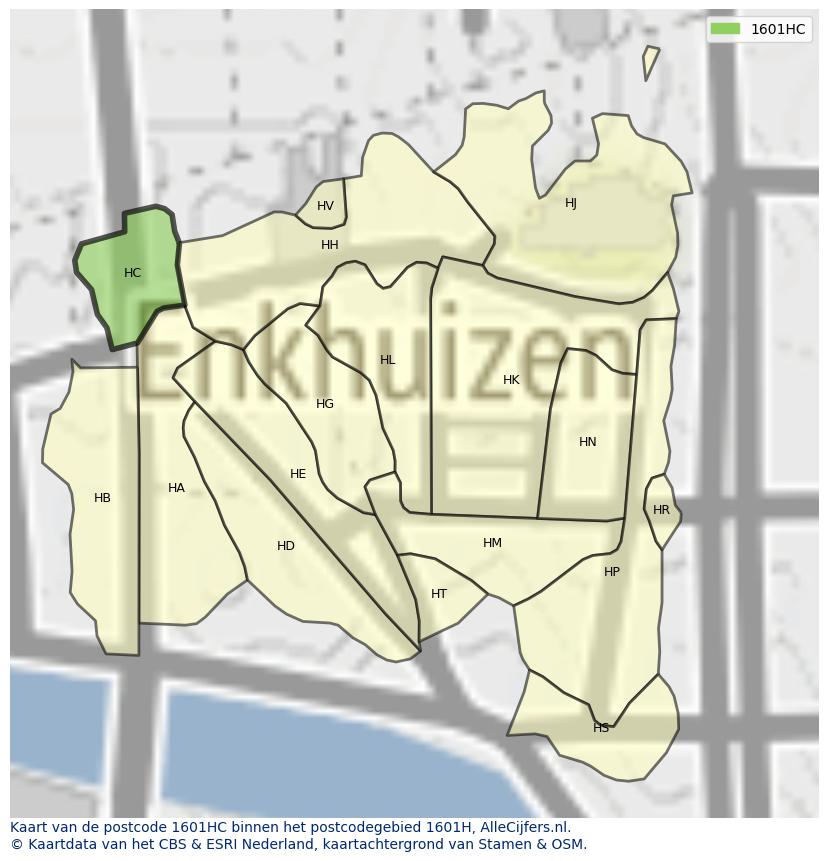 Afbeelding van het postcodegebied 1601 HC op de kaart.