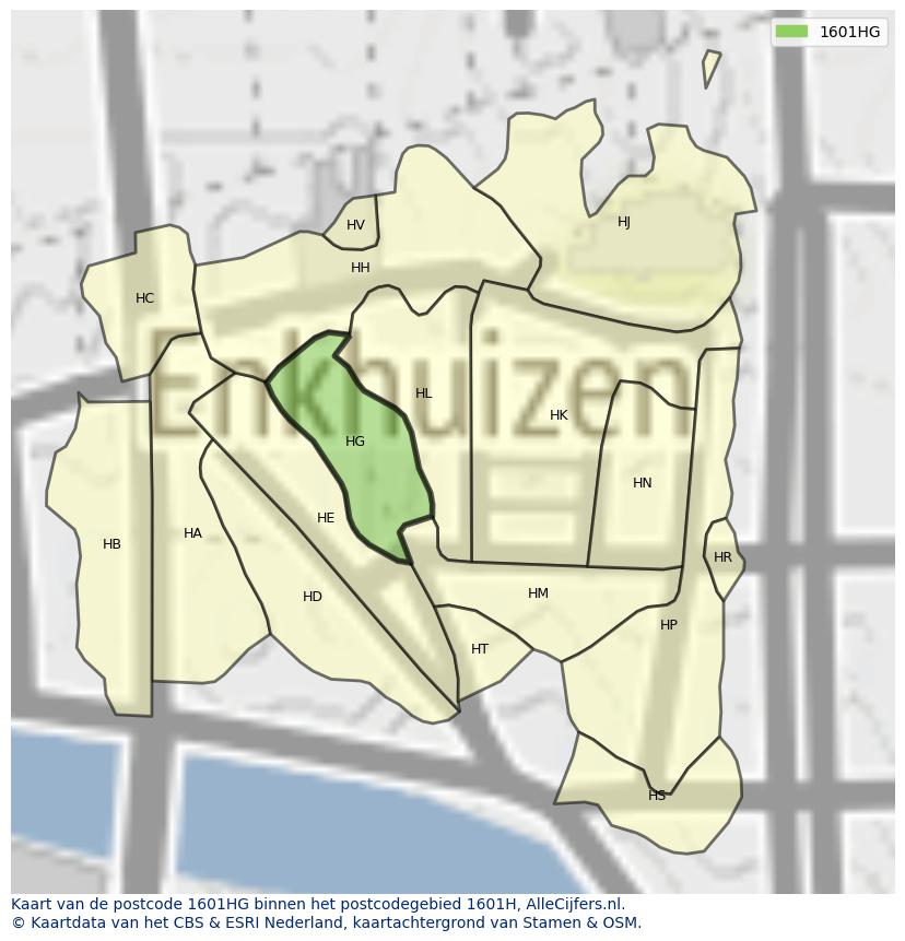 Afbeelding van het postcodegebied 1601 HG op de kaart.