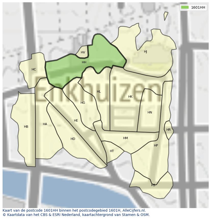 Afbeelding van het postcodegebied 1601 HH op de kaart.