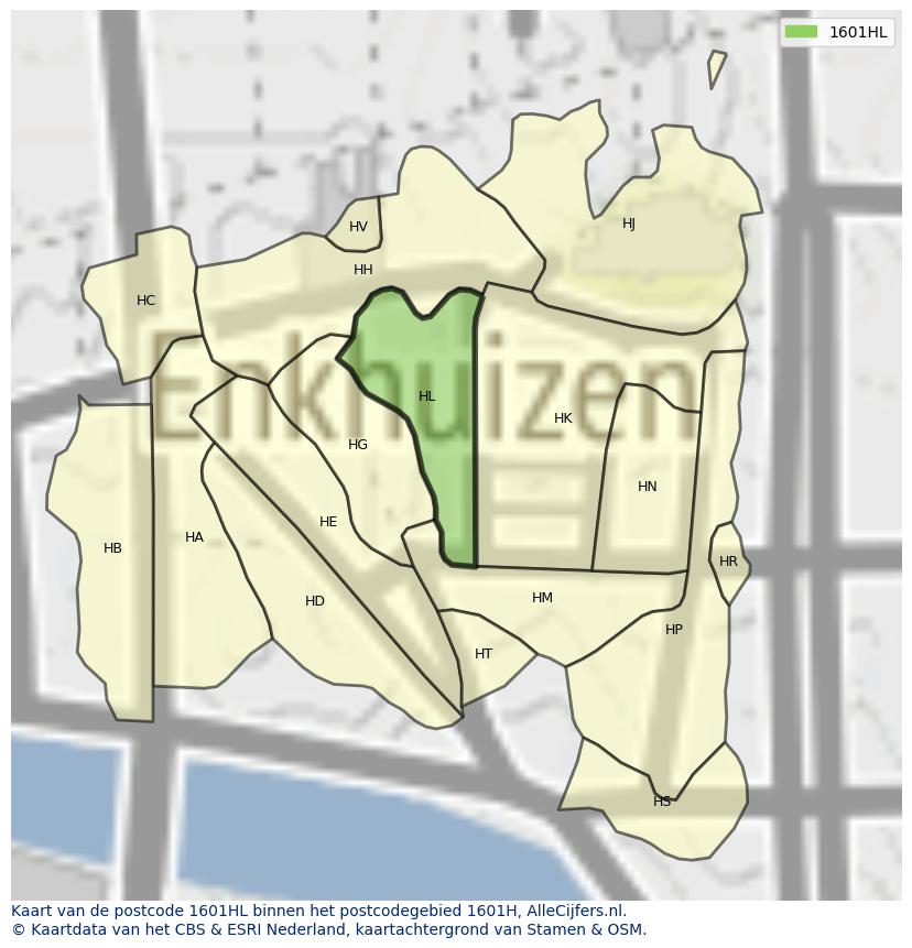 Afbeelding van het postcodegebied 1601 HL op de kaart.