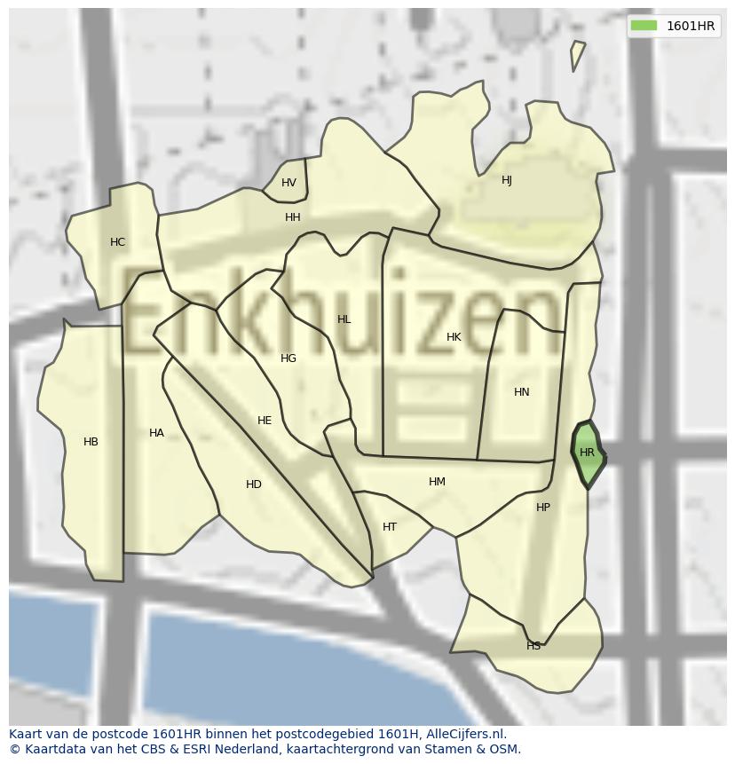 Afbeelding van het postcodegebied 1601 HR op de kaart.