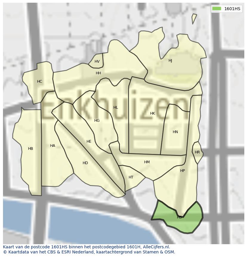 Afbeelding van het postcodegebied 1601 HS op de kaart.