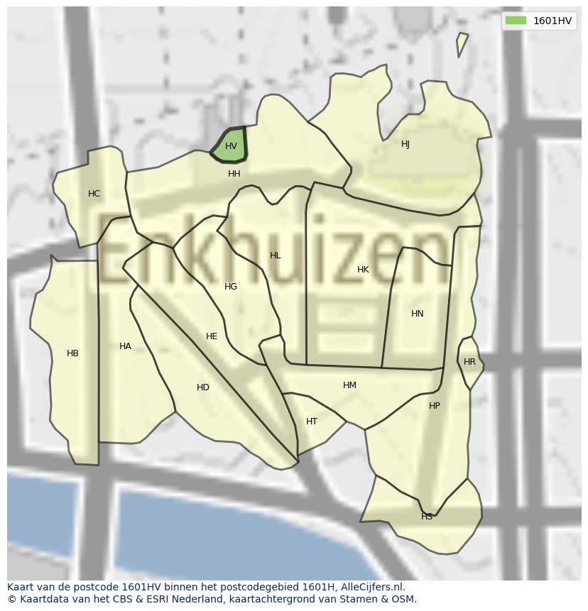 Afbeelding van het postcodegebied 1601 HV op de kaart.