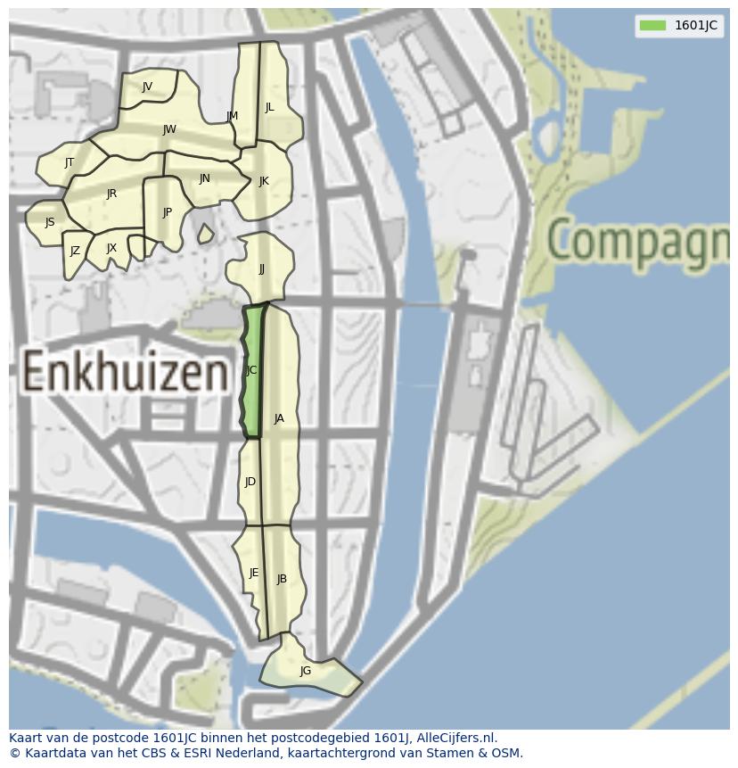 Afbeelding van het postcodegebied 1601 JC op de kaart.
