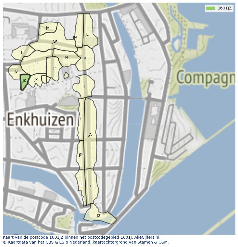 Afbeelding van het postcodegebied 1601 JZ op de kaart.