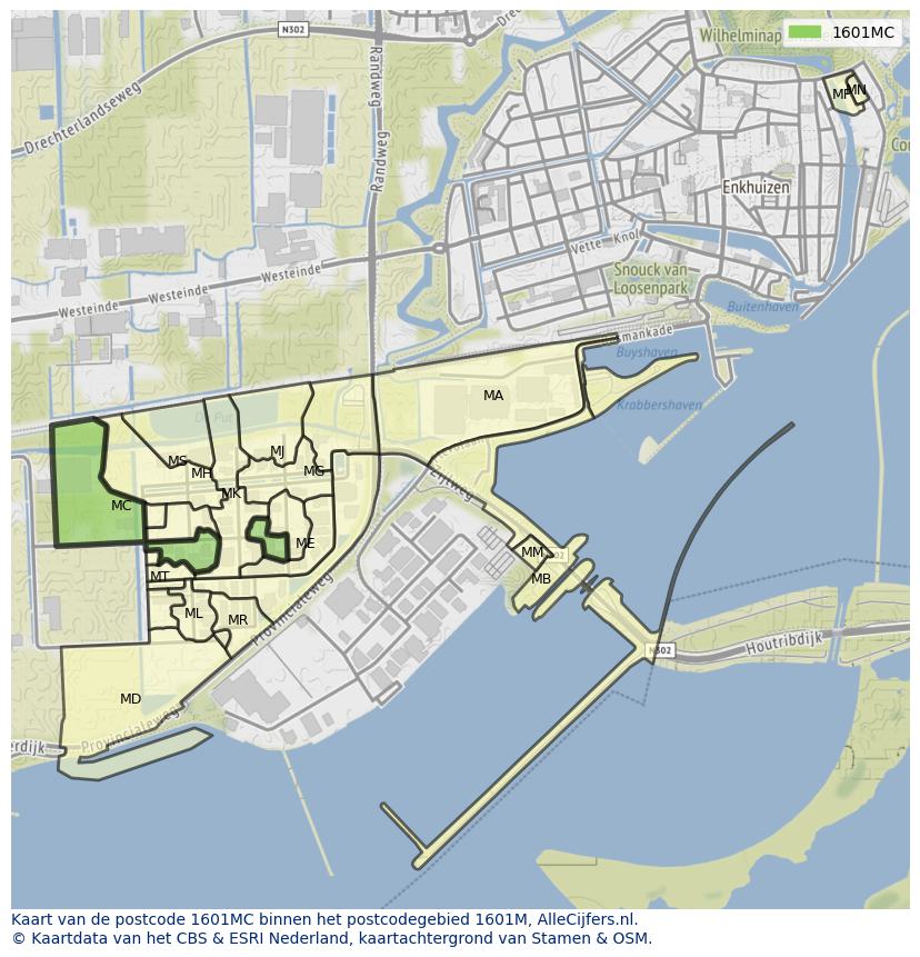 Afbeelding van het postcodegebied 1601 MC op de kaart.