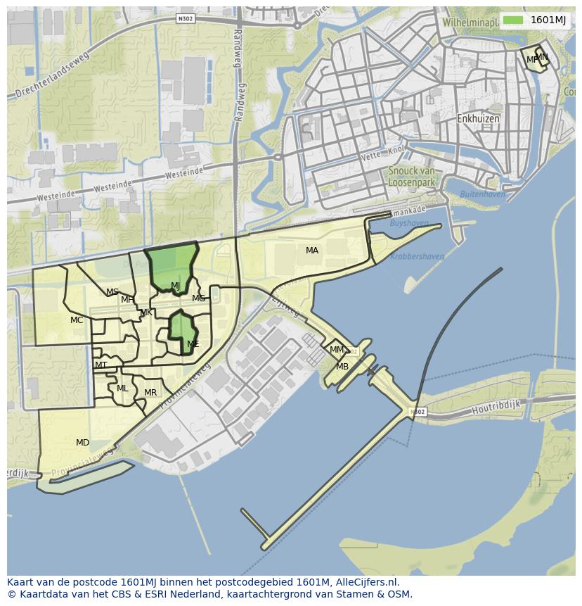 Afbeelding van het postcodegebied 1601 MJ op de kaart.
