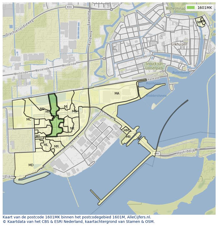 Afbeelding van het postcodegebied 1601 MK op de kaart.