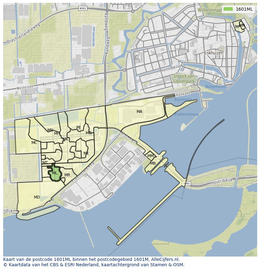 Afbeelding van het postcodegebied 1601 ML op de kaart.