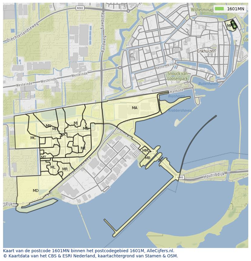 Afbeelding van het postcodegebied 1601 MN op de kaart.