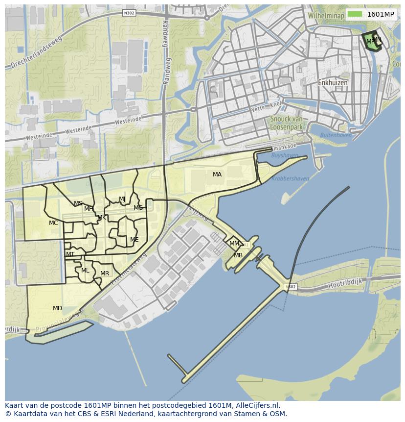Afbeelding van het postcodegebied 1601 MP op de kaart.