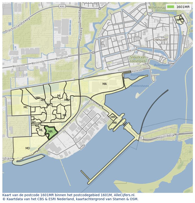 Afbeelding van het postcodegebied 1601 MR op de kaart.