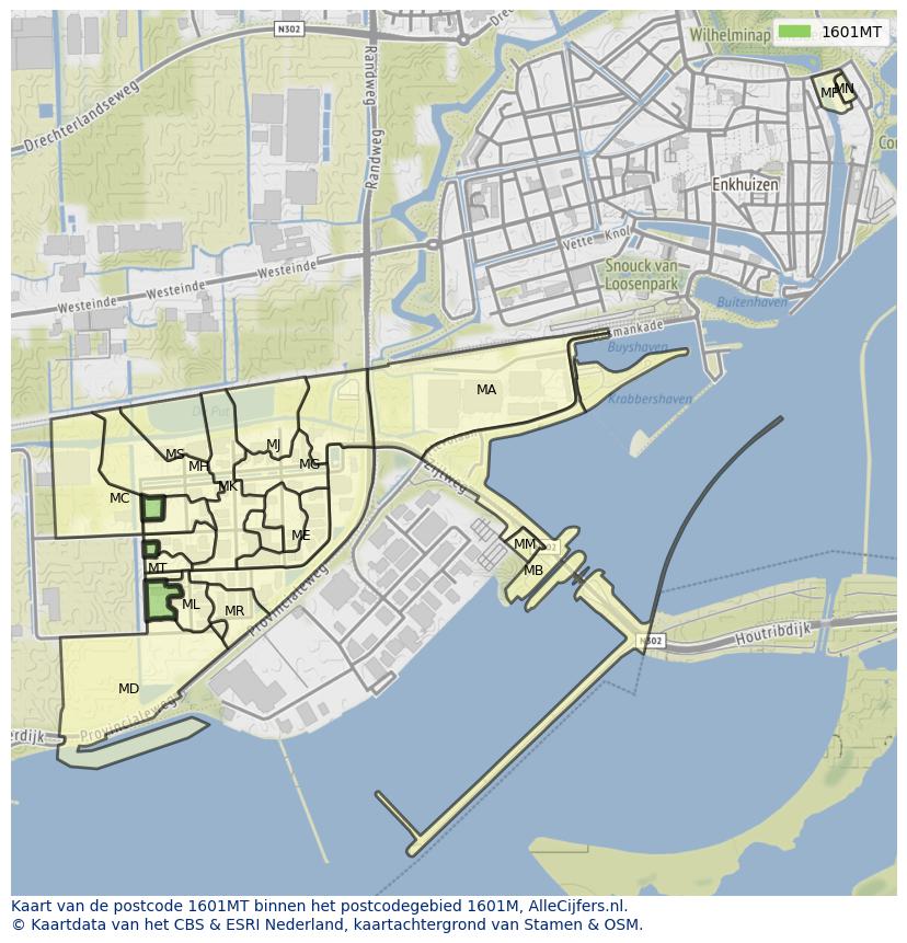 Afbeelding van het postcodegebied 1601 MT op de kaart.