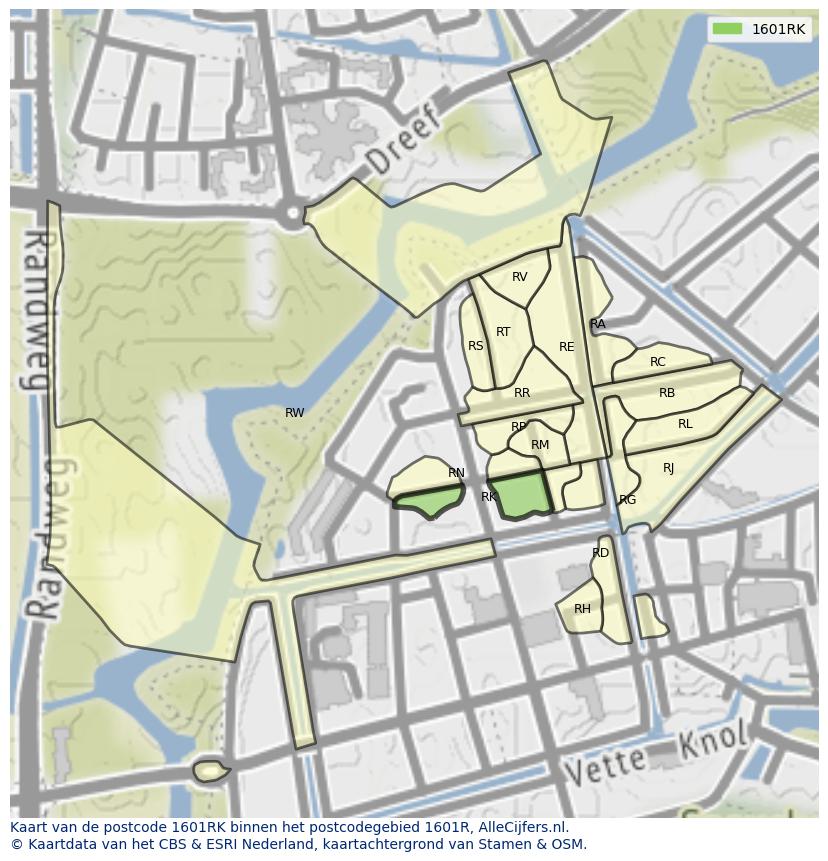 Afbeelding van het postcodegebied 1601 RK op de kaart.