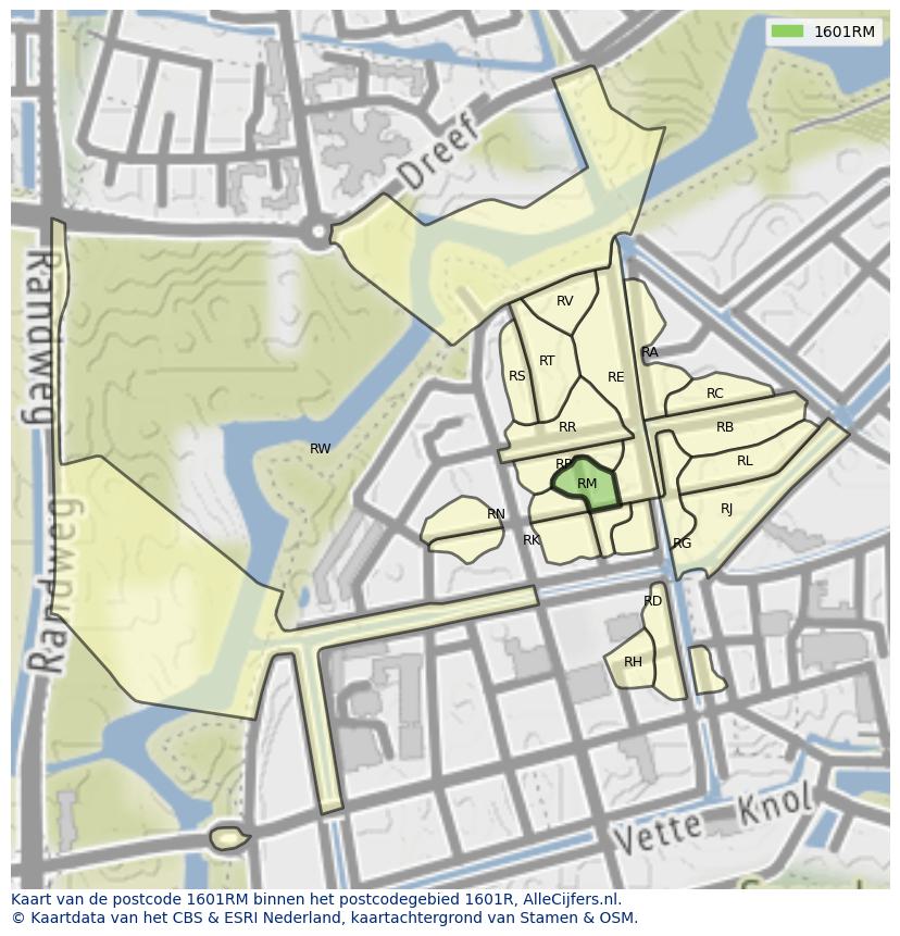 Afbeelding van het postcodegebied 1601 RM op de kaart.